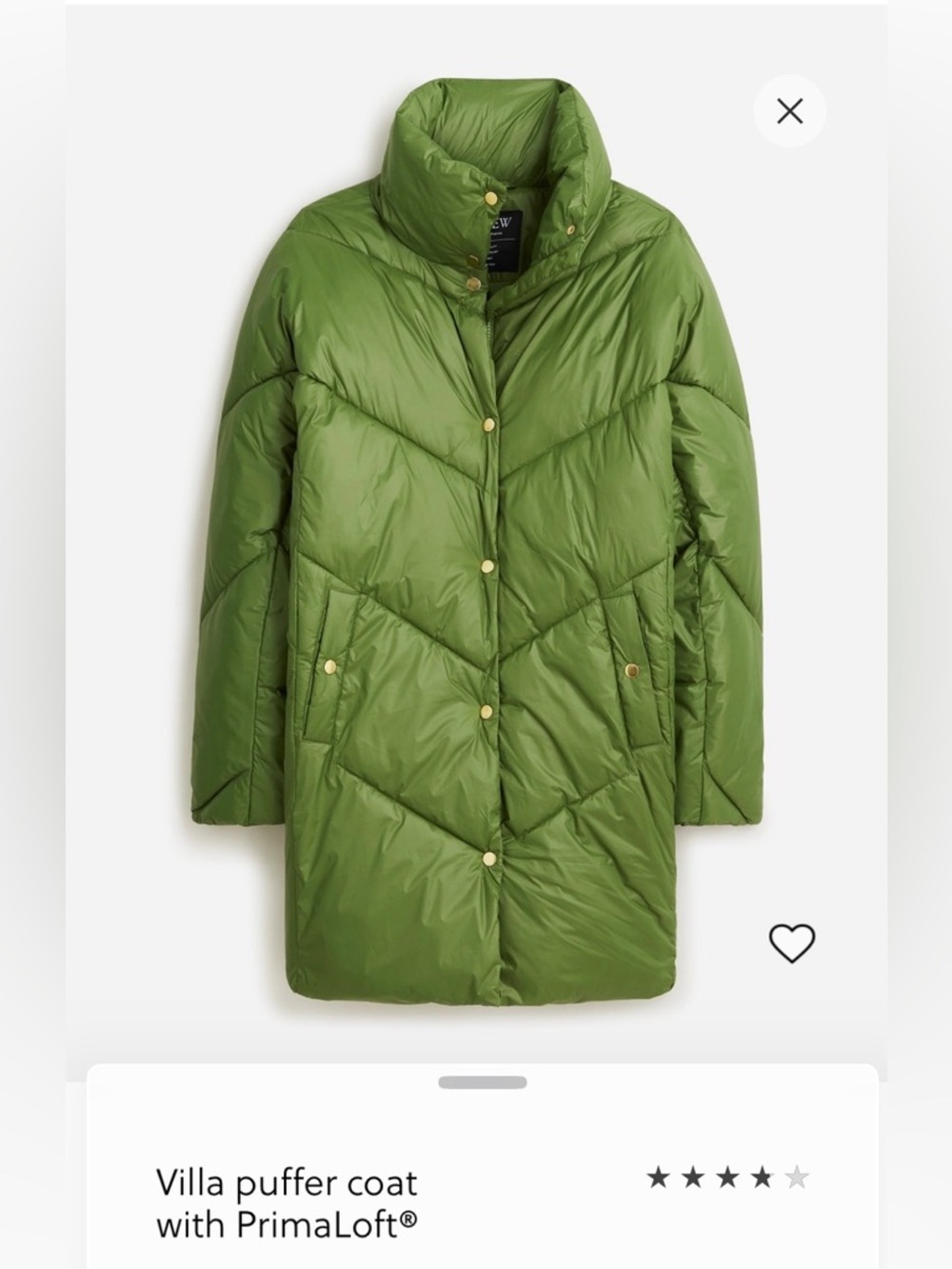 J. Crew Villa Puffer Coat in Green